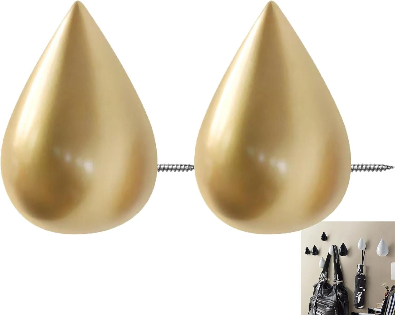 MOPAHCVT Clothing Racks Coat Hooks, 2-Piece Set of Teardrop-Shaped Wall-Mounted Hangers(Gold 80mm)