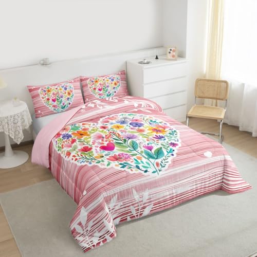 Image of Erosebridal Pink Valentine Full Bedding Set Love Heart Flowers Comforter Set for Kids Girls Romantic Floral Heart Shaped Comforter Geometric Stripes Cottagecore Duvet Insert