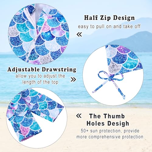 Image of 3-12T Girls Swimsuit Long Sleeve Rashguard Bathing Suits Swim Set | Quick Dry, UPF 50+ Sun Protection, Swimming Skirt, Boyshorts, Zipper Two Piece Long Sleeve Swimsuits, Adjustable Drawstring