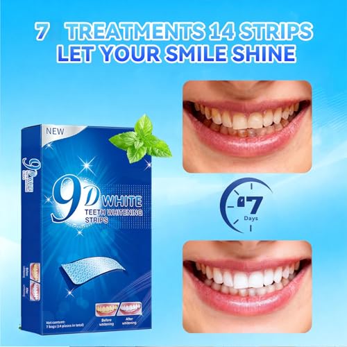 Image of Teeth-Whitening Strips for Sensitive Teeth - 9D Teeth Whitening Kit Professional Effects, Teeth Whitener for Enamel Safe, 14 White Strips (7 Day Treatment) Remove Stains for a Brighter Smile, Mint