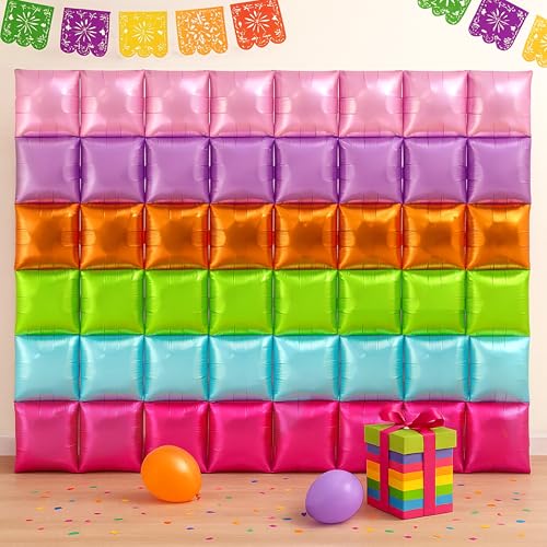 HOMEZZO Fiesta Theme Balloon Wall Backdrop - 50 PCS Rainbow Square Double Sided Square Foil Balloons for Mexican Fiesta Cinco de Mayo Birthday Taco Party Decorations