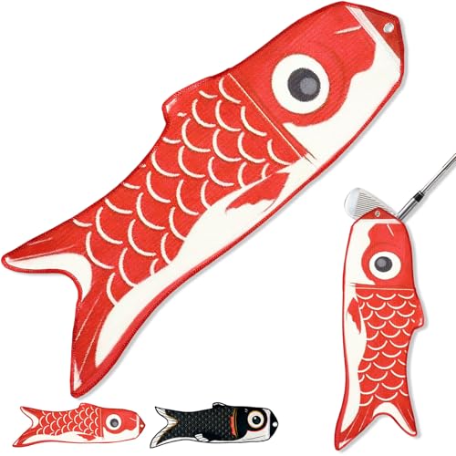 Mindsoft Koi Fish Golf Towel Cute Microfiber Golf Towel Carabiner Clip Cleaning Cloth & Clubs Koi Pattern Golfs Accessories and Gifts for Men Women(Red)