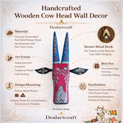 Image of DEAL-ART-CRAFT Handpainted Wooden Cow Head Wall Decor for Living Room, Puja Room, Housewarming Gift, 12 inch (Pink)