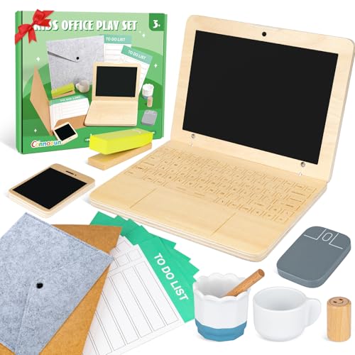 Set de Bureau en Bois pour Enfants, Commodum Jouets pour Enfants pour Jeux de Rôle, Ordinateur Portable et Téléphone, Souris, Tasse, Tampon pour Enfant de Maternelle,...