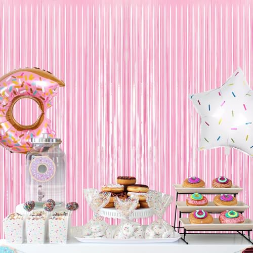 Image of Thicken Pastel Pink Party Backdrop 2 Pack 3.3x6.6 ft, Baby Pink Tinsel Foil Fringe Streamers for Baby Shower, Birthday, Princess, Tea, Valentines, Bow Themed Party Decorations