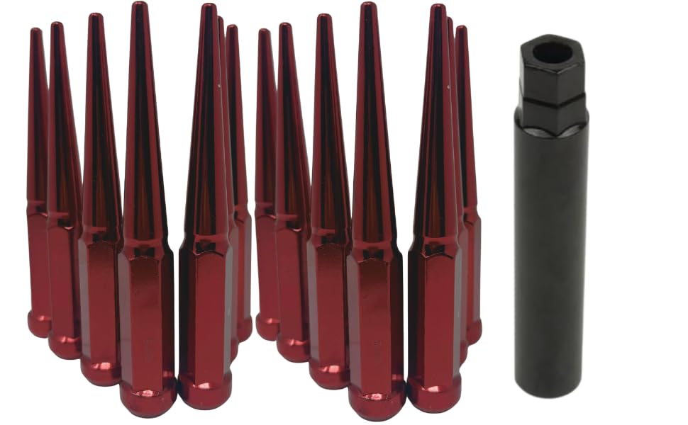 24Pcs Spike Lug Nuts 1/2"-20 Red – 6" Inch Tall Spiked Lug Nuts Set for Aftermarket Wheels with Lock Included– Fits Most Cars, Trucks & SUVs Super Long Attention Grabber Spiked Wheel Nuts