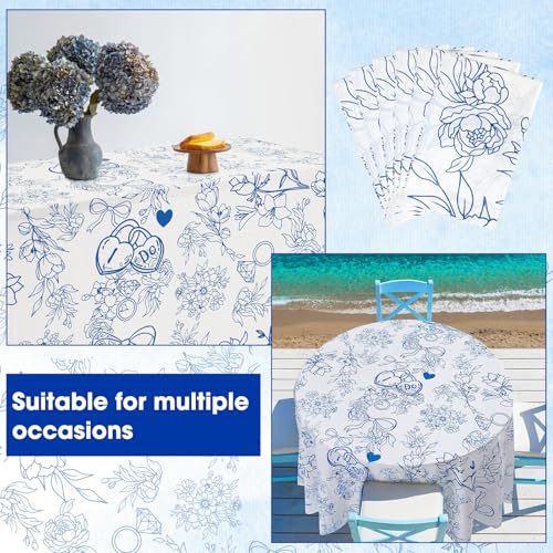 Image of Ganeen 6 Pcs Something Blue Tablecloth I Do Blue Floral Round Tablecloths Bridal Shower Bachelorette Party Decorations Plastic Round Table Covers for Wedding Bridal Shower Home Party Decoration