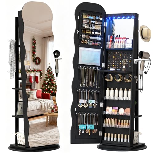Vlsrka 360° Swivel Jewelry Aromire with Wavy Mirror, Lockable Jewelry Organizer Mirror Full Length,...