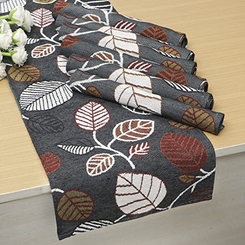 Image of HOKIPO Cotton Jacquard Placemats with Table Runner for Dining Table 6 Seater (IN530-D5*6+IN531) Grey,6 Placemats + 72 Inch Runner, Large