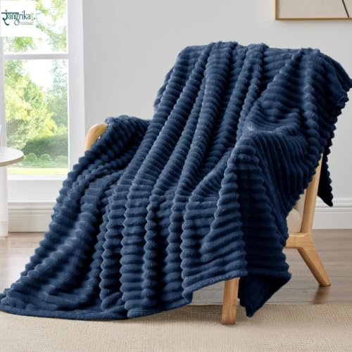 Image of Rangrika.in Ultra Soft Bed Blanket, Premium Flannel Fleece Plush Throw, Ribbed Texture Mink Touch, Lightweight Warm Cozy AC & Mild Winter Use, Machine Washable (Navy, Double)