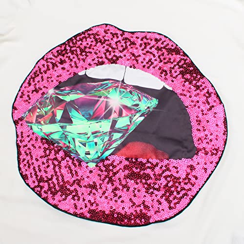 Image of PESION Womens Sparkly Diamond Shirts Short Sleeve Red Sequined Lip Print T-Shirt Tops Tees, White+ Kiss XX-Large