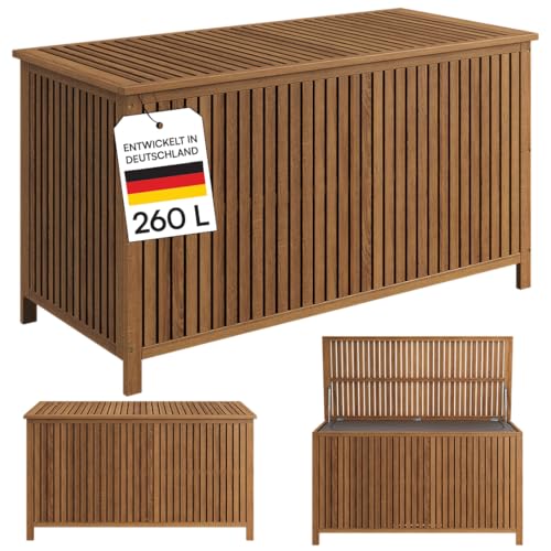 STEELSØN Alkes Aufbewahrungsbox aus geöltem Akazienholz Auflagenbox mit hochwertiger Innenplane Outdoor Kissenbox mit klappbarem Deckel Sitztruhe sicherer Halt Gartenbox wetterfest 114x52x59cm