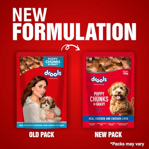 Image of Drools Puppy Wet Dog Food 10 Pouches + 2 Free (12 x 60g) | Real Chicken & Liver Chunks in Gravy | Supports Skin & Coat | Promotes Joint Strength | Aids Digestion & Overall Wellness