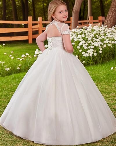 Lace Flower Girl Dresses for Wedding Puffy Tulle Princess Pageant Dress Cap Sleeves Girls Ball Gown First Communion Dress3