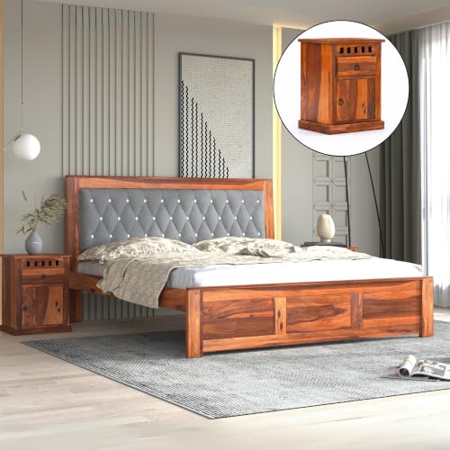 Image of SONA ART & CRAFTS Zeus Solid Sheesham Wood King Size Bed Without Storage (78x72) with 2 Bedside Table, Cushioned Upholstered Beds Double Bed Queen Size Cot for Bedroom (Natural Finish)