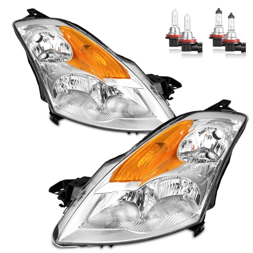 ROADEAL Headlights Assembly for 2007-2009 Nissan Altima 4Dr Sedan Halogen Headlamp Replacement High/Low Beam W/Bulbs Driver&Passenger Side