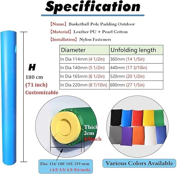 Heavy Duty All-Weather Basketball Pole Padding Wrap, PU Leather Waterproof Play Ground Post Pads For Round Football Volleyball Rods & Garage Basement Columnar, Universal(H 180cm,Dia 220mm (8 7/10in))