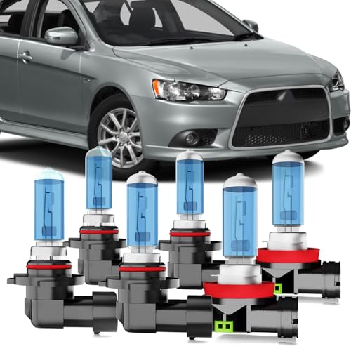 Image of Halogen Headlight Bulbs Compatible with Mitsubishi Lancer 2008-2017, 9005 9006 High Low Beam + H11 Fog Light Beam, 6000K White,Plug and Play, Pack of 6