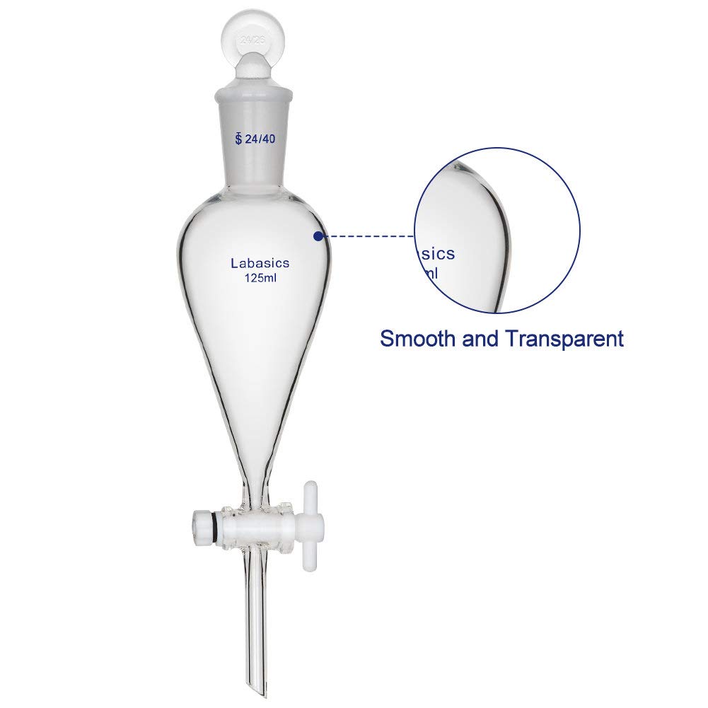 Labasics 125ml Ampoule à Décanter Conique en Verre Borosilicate avec Robinet en PTFE, Separatory Funnel Entonnoir Laboratoire - 125ml