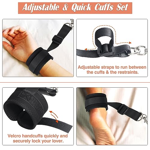 Image of Sex Bondage BDSM Kit Bed Restraints Set Sex Toys Super Easy Install Straps | Fit for Thicker Mattress, Handcuffs Ankle Cuff Blindfold Feather Tickler, for Adult Coupes Bedroom Kinkly Pleasure