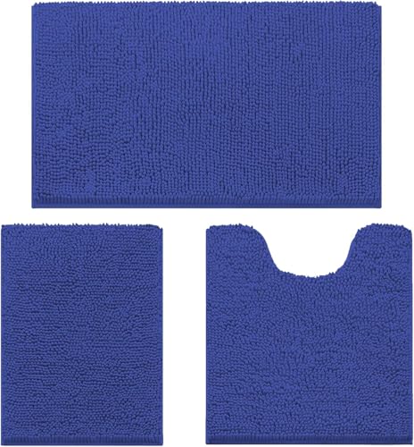 COMPOLICY Badvorleger Set 3-Teilig-Weiches Badematten Set mit Rutschfester, Chenille Saugfähige Badteppiche Sets für Badezimmer, Toilette und Dusche-Maschinenwaschbar (Schatzblau)