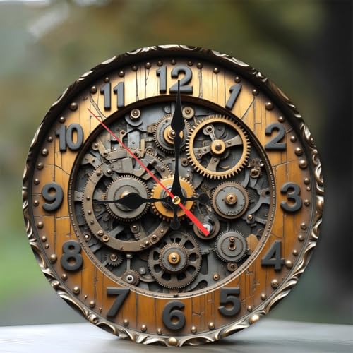 Steampunk Gear Clock Wall Decor， Vintage Metal Cogs 10-Inch Wooden Wall Clock, Silent Movement, Battery Operated (AA Batteries Not Included), Artistic Home Decor, Perfect for Home Accents