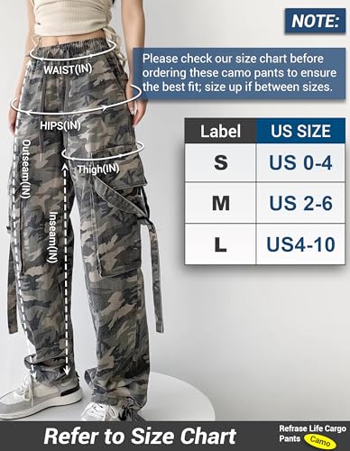 REFRASE LIFE Women's High Waisted Cargo Pants 6 Pockets 100% Cotton Fabric Camo Trousers3