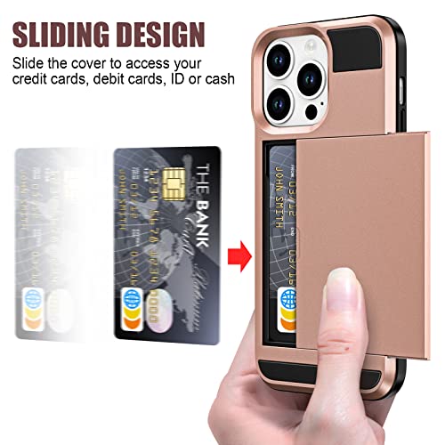 Anuck Case For Iphone 14 Pro Max Case With Card Holder, Shockproof Heavy Duty Wallet Case [Credit Card Slot][Slide Cover] Anti-Scratch Shell Dual Layer Armor Bumper Protective Phone Case, Rose Gold #TOP1