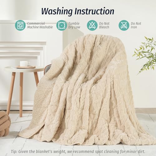 Wemore Weighted Blanket for Adults Twin Size 20 lbs, Dual Sided Soft Fuzzy Jacquard Sherpa Weighted Blankets for Sleeping, Cozy Fluffy Knitted Heavy Blanket for Couch Bed, Khaki, 60 x 80 inches
