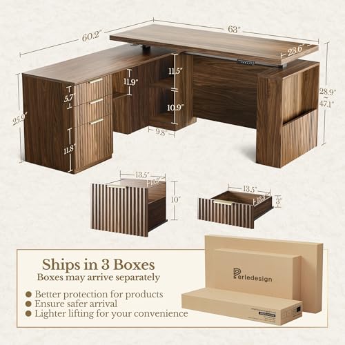 Image of 63 Inches L Shaped Standing Desk, Executive Electric Adjustable Desk with Storage Drawers and File Cabinet, AC /USB, 1.18 inch Thiken Desktop and Privacy Panel for Home Office, Black Walnut