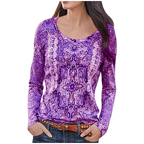 Blusas para mujer, camisa de base para mujer, estampado de otoño, camisetas de estilo étnico, manga larga, divertidas, elegante, holgado, suéter de envío de 7 a 10 días, A#01 Morado, XL Cover