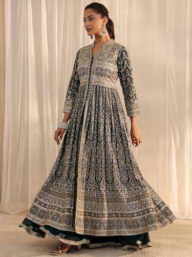 Image of Libas Art Embroidered Georgette Anarkali Kurta With Palazzos and Dupatta | ethnic wear | bridal suit | occasion wear