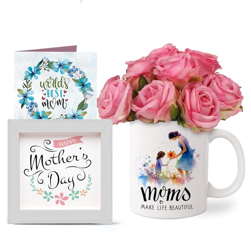 Image of TIED RIBBONS Gift for Mom, Birthday Gift for Mom Wife Women Mother in Law Mummy (Artificial Flower Rose Bunch with Ceramic Coffee Mug, Photo Frame & Greeting Card) Set