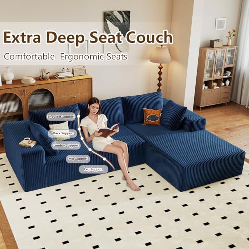 Image of 96 inch Modular Sectional Couch, Boneless L Shaped Cloud Sofa with Chaise Lounge, Corduroy Upholstered Couches Memory Foam Deep Seat, No Assembly Required, Ideal for Living Room(Blue, Right Facing)