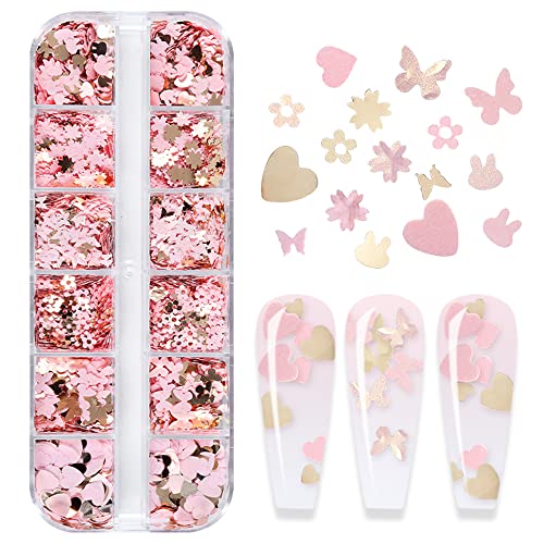 Dornail 12 Grids Gold Pink Flower Nail Glitter Sequins 3D Cherry Blossoms Butterfly Nail Sequin Flakes Rabbit Heart Nail Charm Nail Accessories For Diy Nail Decorations Nail Art Supplies #TOP2