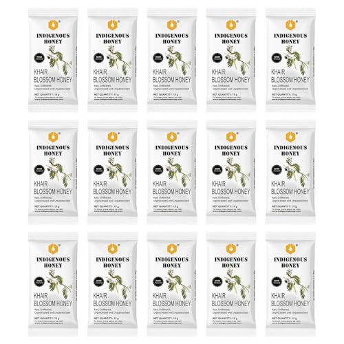 Image of INDIGENOUS HONEY Pure Khair Honey Organic Natural Raw Unprocessed Added Sugar Free NMR Tested Unpasteurized Unheated 15 Hygienic Sachets 15g Each Total 225g