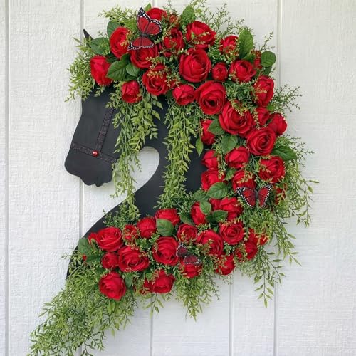 Suncalla Derby Horse Wreath for Front Door Run for the Roses Derby Rose Door Hanger Horse Racing Jockey Long Wooden Wall Sign Party Decorations Window Porch Home Festival Celebration Decorations
