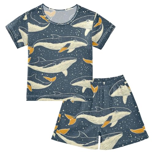 ALAZA Whale Starry Star Pajamas Set Short Sleeve Cotton Sleepwear Summer Pjs 2 Piece 5-14Y