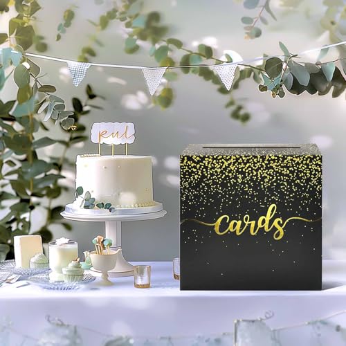 Image of FALIZIFU Black Card Box for Party Gold Foil Gift Card Box Holder for Wedding Birthday Baby Shower Retirement Graduation
