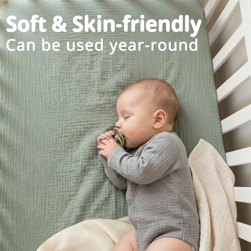 Image of Pro Goleem Muslin Pack n Play Sheets for Boys and Girls, Soft Breathable Cotton Fitted Mini Crib Sheets, Neutral Baby Sheets for Playard Mattress, 2 Pack (Grey&Green)