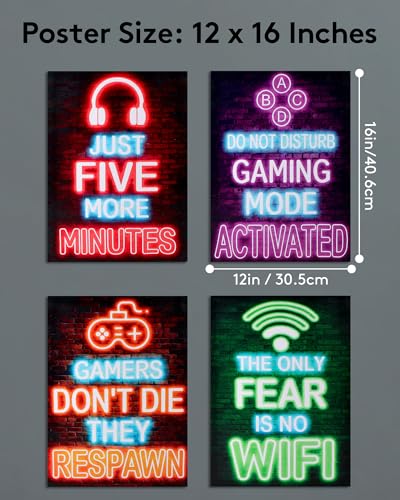 VividPulse Neon Game Room Poster Set, 4Pcs Arcade Wall Art Prints - image 6