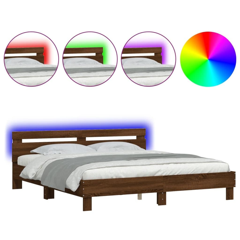 Festnight Marco de Cama 180 x 200 cm con Cabecero Estructura Cama Marrón Roble Cama con Luces LED y Somier Soporte de Láminas de Madera Base De Cama
