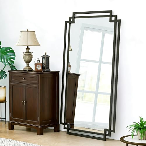 Image of 30 inch x 59 inch Large Wall Mirror for Decor, Black Decorative Mirror with Irregular and Rectangular Metal Frame, Black Large Bathroom Mirror Above Sink, Hang Vertically or Horizontally