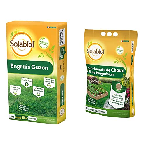 SOLABIOL Engrais gazon organique - Sac de 15 kg pour 375 m² de gazon - Utilisable en Agriculture Biologique & SOCHAUX10 Carbonate De Chaux Et De Magnésium 10kg, Efficace