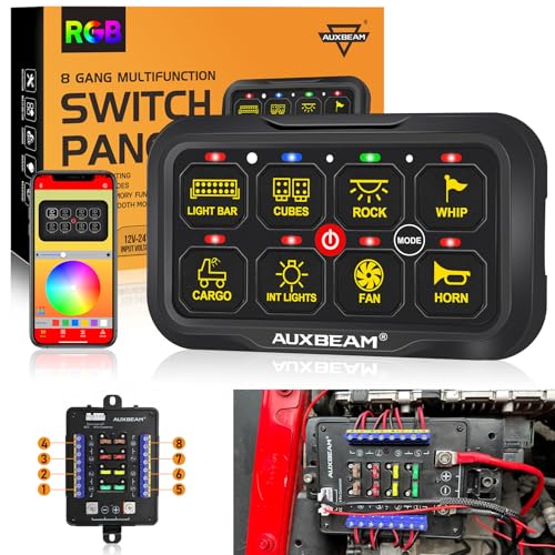 Auxbeam RGB Bluetooth 8 Gang Switch Panel AR-820 Toggle Momentary Pulsed Switch Pod for Truck UTV Offroad Boat Auxiliary LED Light Controller with Circuit Relay System Box Waterproof, 2-Year