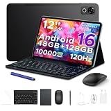 P12 Tablet Android 16, Tablet 12 Pulgadas, 48GB RAM+128GB ROM/2 TB TF, IPS 2,4K, Pantalla 120 Hz, 10000mAh/18W, WiFi 5G, T7280 Octa-core, 8MP+13MP, Gemini AI, Tableta con Teclado, Face ID, GPS, Negro