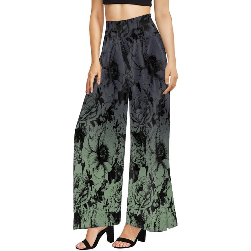 Colorful Gradient Peony Womens Palazzo Pants Flowy Trousers Lounge Pants Retro Floral Wide Leg High Waisted XS-6XL