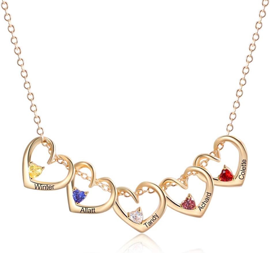 Personalized Mother Daughter Necklace with Simulated Birthstones for Women, Grandma Custom Family Names Necklace with 1-8 Heart Charms for Mom