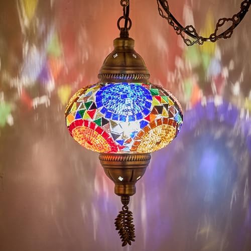 DEMMEX Plug-in Turkish Moroccan Mosaic Hanging Pendant Ceiling Light – Swag Lamp Fixture with 15ft Cord & Chain, Handcrafted Glass, Vintage Tiffany Style, Mediterranean Exotic Decor, Multicolored