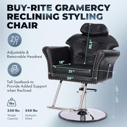Buy-Rite Gramercy Reclining Styling Chair – All-Purpose Hydraulic Salon Chair for Hair Stylists & Barbers, Adjustable Headrest, Tufted Back, Brass Nailhead Trim, Heavy-Duty Steel Base, NIN-9903-A
